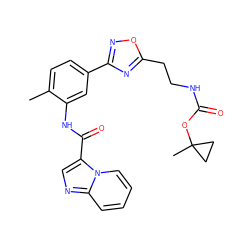 Cc1ccc(-c2noc(CCNC(=O)OC3(C)CC3)n2)cc1NC(=O)c1cnc2ccccn12 ZINC000206123313