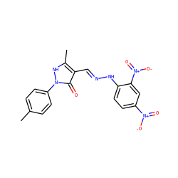 Cc1ccc(-n2[nH]c(C)c(/C=N/Nc3ccc([N+](=O)[O-])cc3[N+](=O)[O-])c2=O)cc1 ZINC000169325483