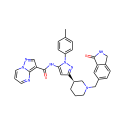 Cc1ccc(-n2nc([C@@H]3CCCN(Cc4ccc5c(c4)C(=O)NC5)C3)cc2NC(=O)c2cnn3cccnc23)cc1 ZINC000204745434