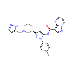 Cc1ccc(-n2nc([C@@H]3CCCN(Cc4ccn[nH]4)C3)cc2NC(=O)c2cnn3cccnc23)cc1 ZINC000204762150