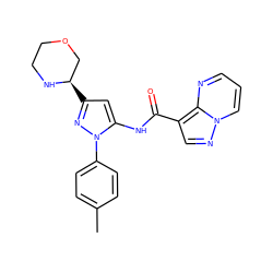 Cc1ccc(-n2nc([C@@H]3COCCN3)cc2NC(=O)c2cnn3cccnc23)cc1 ZINC000203734837