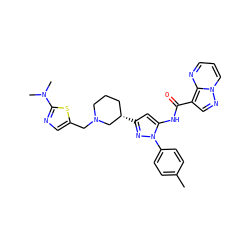 Cc1ccc(-n2nc([C@H]3CCCN(Cc4cnc(N(C)C)s4)C3)cc2NC(=O)c2cnn3cccnc23)cc1 ZINC000142511327