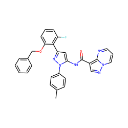 Cc1ccc(-n2nc(-c3c(F)cccc3OCc3ccccc3)cc2NC(=O)c2cnn3cccnc23)cc1 ZINC000142266325