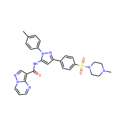 Cc1ccc(-n2nc(-c3ccc(S(=O)(=O)N4CCN(C)CC4)cc3)cc2NC(=O)c2cnn3cccnc23)cc1 ZINC000203762822