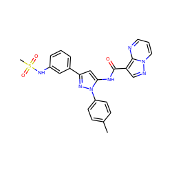 Cc1ccc(-n2nc(-c3cccc(NS(C)(=O)=O)c3)cc2NC(=O)c2cnn3cccnc23)cc1 ZINC000204763613