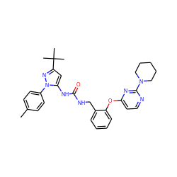 Cc1ccc(-n2nc(C(C)(C)C)cc2NC(=O)NCc2ccccc2Oc2ccnc(N3CCCCC3)n2)cc1 ZINC000084671662