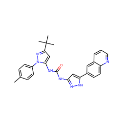 Cc1ccc(-n2nc(C(C)(C)C)cc2NC(=O)Nc2cc(-c3ccc4ncccc4c3)[nH]n2)cc1 ZINC000095561316