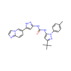 Cc1ccc(-n2nc(C(C)(C)C)cc2NC(=O)Nc2cc(-c3ccc4nccn4c3)[nH]n2)cc1 ZINC000095558974