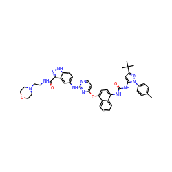 Cc1ccc(-n2nc(C(C)(C)C)cc2NC(=O)Nc2ccc(Oc3ccnc(Nc4ccc5[nH]nc(C(=O)NCCN6CCOCC6)c5c4)n3)c3ccccc23)cc1 ZINC000211081804