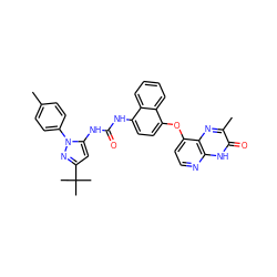 Cc1ccc(-n2nc(C(C)(C)C)cc2NC(=O)Nc2ccc(Oc3ccnc4[nH]c(=O)c(C)nc34)c3ccccc23)cc1 ZINC000058584047