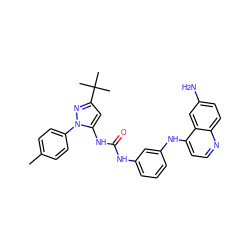 Cc1ccc(-n2nc(C(C)(C)C)cc2NC(=O)Nc2cccc(Nc3ccnc4ccc(N)cc34)c2)cc1 ZINC000045259200