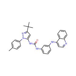 Cc1ccc(-n2nc(C(C)(C)C)cc2NC(=O)Nc2cccc(Nc3ccnc4ccccc34)c2)cc1 ZINC000045283925