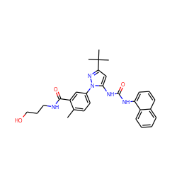 Cc1ccc(-n2nc(C(C)(C)C)cc2NC(=O)Nc2cccc3ccccc23)cc1C(=O)NCCCO ZINC000064514002