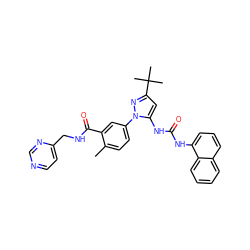 Cc1ccc(-n2nc(C(C)(C)C)cc2NC(=O)Nc2cccc3ccccc23)cc1C(=O)NCc1ccncn1 ZINC000064540315