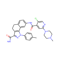 Cc1ccc(-n2nc(C(N)=O)c3c2-c2cc(NC(=O)c4cc(N5CCN(C)CC5)ncc4Cl)ccc2CC3)cc1 ZINC000066066621