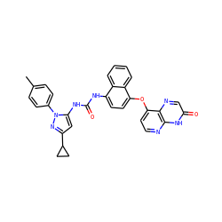 Cc1ccc(-n2nc(C3CC3)cc2NC(=O)Nc2ccc(Oc3ccnc4[nH]c(=O)cnc34)c3ccccc23)cc1 ZINC000199100230