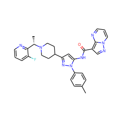 Cc1ccc(-n2nc(C3CCN([C@@H](C)c4ncccc4F)CC3)cc2NC(=O)c2cnn3cccnc23)cc1 ZINC000204776497