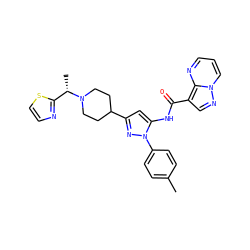 Cc1ccc(-n2nc(C3CCN([C@@H](C)c4nccs4)CC3)cc2NC(=O)c2cnn3cccnc23)cc1 ZINC000204777068