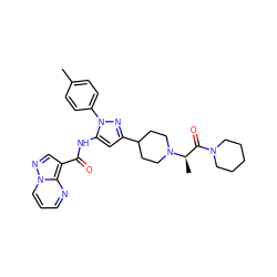 Cc1ccc(-n2nc(C3CCN([C@H](C)C(=O)N4CCCCC4)CC3)cc2NC(=O)c2cnn3cccnc23)cc1 ZINC000145880795