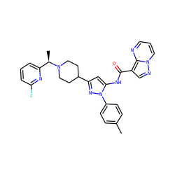 Cc1ccc(-n2nc(C3CCN([C@H](C)c4cccc(F)n4)CC3)cc2NC(=O)c2cnn3cccnc23)cc1 ZINC000145869635