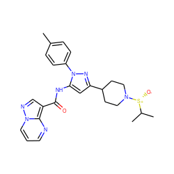 Cc1ccc(-n2nc(C3CCN([S@+]([O-])C(C)C)CC3)cc2NC(=O)c2cnn3cccnc23)cc1 ZINC000145879603