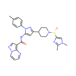 Cc1ccc(-n2nc(C3CCN([S@+]([O-])c4cn(C)c(C)n4)CC3)cc2NC(=O)c2cnn3cccnc23)cc1 ZINC000143383212