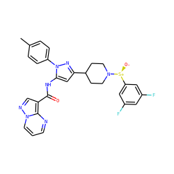 Cc1ccc(-n2nc(C3CCN([S@@+]([O-])c4cc(F)cc(F)c4)CC3)cc2NC(=O)c2cnn3cccnc23)cc1 ZINC000143374142