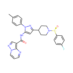 Cc1ccc(-n2nc(C3CCN([S@@+]([O-])c4ccc(F)cc4)CC3)cc2NC(=O)c2cnn3cccnc23)cc1 ZINC000143376208