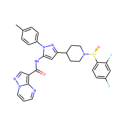 Cc1ccc(-n2nc(C3CCN([S@@+]([O-])c4ccc(F)cc4F)CC3)cc2NC(=O)c2cnn3cccnc23)cc1 ZINC000143377041