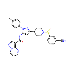 Cc1ccc(-n2nc(C3CCN([S@@+]([O-])c4cccc(C#N)c4)CC3)cc2NC(=O)c2cnn3cccnc23)cc1 ZINC000143377856