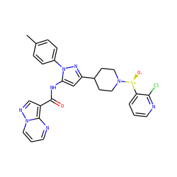 Cc1ccc(-n2nc(C3CCN([S@@+]([O-])c4cccnc4Cl)CC3)cc2NC(=O)c2cnn3cccnc23)cc1 ZINC000143383640