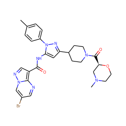 Cc1ccc(-n2nc(C3CCN(C(=O)[C@@H]4CN(C)CCO4)CC3)cc2NC(=O)c2cnn3cc(Br)cnc23)cc1 ZINC000145863106