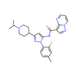 Cc1ccc(-n2nc(C3CCN(C(C)C)CC3)cc2NC(=O)c2cnn3cccnc23)c(Cl)c1 ZINC000204758360