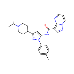 Cc1ccc(-n2nc(C3CCN(C(C)C)CC3)cc2NC(=O)c2cnn3cccnc23)cc1 ZINC000204767343