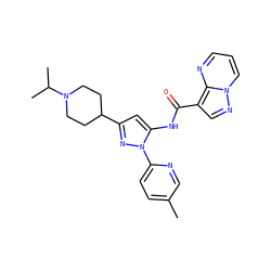 Cc1ccc(-n2nc(C3CCN(C(C)C)CC3)cc2NC(=O)c2cnn3cccnc23)nc1 ZINC000204748823