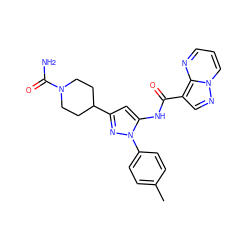 Cc1ccc(-n2nc(C3CCN(C(N)=O)CC3)cc2NC(=O)c2cnn3cccnc23)cc1 ZINC000145859636