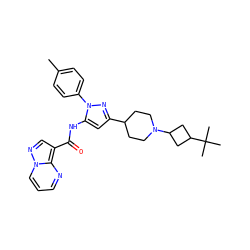 Cc1ccc(-n2nc(C3CCN(C4CC(C(C)(C)C)C4)CC3)cc2NC(=O)c2cnn3cccnc23)cc1 ZINC000145872487