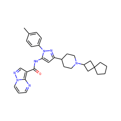 Cc1ccc(-n2nc(C3CCN(C4CC5(CCCC5)C4)CC3)cc2NC(=O)c2cnn3cccnc23)cc1 ZINC000204781523