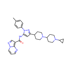 Cc1ccc(-n2nc(C3CCN(C4CCN(C5CC5)CC4)CC3)cc2NC(=O)c2cnn3cccnc23)cc1 ZINC000142407622