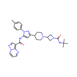 Cc1ccc(-n2nc(C3CCN(C4CN(C(=O)NC(C)(C)C)C4)CC3)cc2NC(=O)c2cnn3cccnc23)cc1 ZINC000145896339