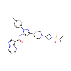 Cc1ccc(-n2nc(C3CCN(C4CN(S(=O)(=O)C(C)C)C4)CC3)cc2NC(=O)c2cnn3cccnc23)cc1 ZINC000145852973