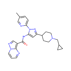 Cc1ccc(-n2nc(C3CCN(CC4CC4)CC3)cc2NC(=O)c2cnn3cccnc23)nc1 ZINC000145883948