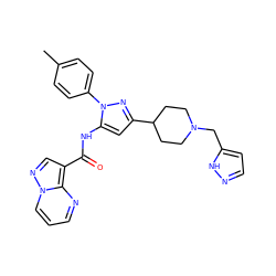 Cc1ccc(-n2nc(C3CCN(Cc4ccn[nH]4)CC3)cc2NC(=O)c2cnn3cccnc23)cc1 ZINC000203757567