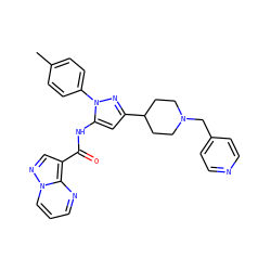 Cc1ccc(-n2nc(C3CCN(Cc4ccncc4)CC3)cc2NC(=O)c2cnn3cccnc23)cc1 ZINC000204776773