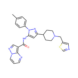 Cc1ccc(-n2nc(C3CCN(Cc4cncs4)CC3)cc2NC(=O)c2cnn3cccnc23)cc1 ZINC000204750205