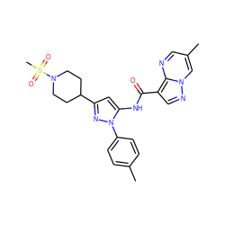 Cc1ccc(-n2nc(C3CCN(S(C)(=O)=O)CC3)cc2NC(=O)c2cnn3cc(C)cnc23)cc1 ZINC000142282869