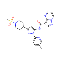 Cc1ccc(-n2nc(C3CCN(S(C)(=O)=O)CC3)cc2NC(=O)c2cnn3cccnc23)nc1 ZINC000204763211