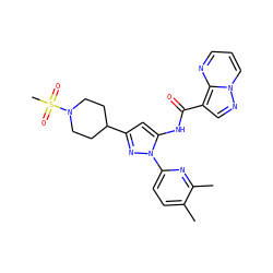 Cc1ccc(-n2nc(C3CCN(S(C)(=O)=O)CC3)cc2NC(=O)c2cnn3cccnc23)nc1C ZINC000204758378