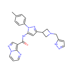 Cc1ccc(-n2nc(C3CN(Cc4ccn[nH]4)C3)cc2NC(=O)c2cnn3cccnc23)cc1 ZINC000142484430