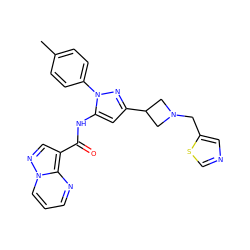 Cc1ccc(-n2nc(C3CN(Cc4cncs4)C3)cc2NC(=O)c2cnn3cccnc23)cc1 ZINC000145889739